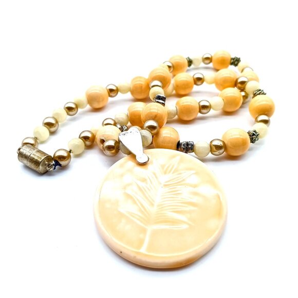 Summery Peach Ceramic Pendant on Beaded Strand, Vintage Bohemian Leaf Imprint - Picture 2 of 4